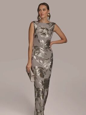 Donna Karan Taupe Maxi Dress with Metallic Floral Sequins